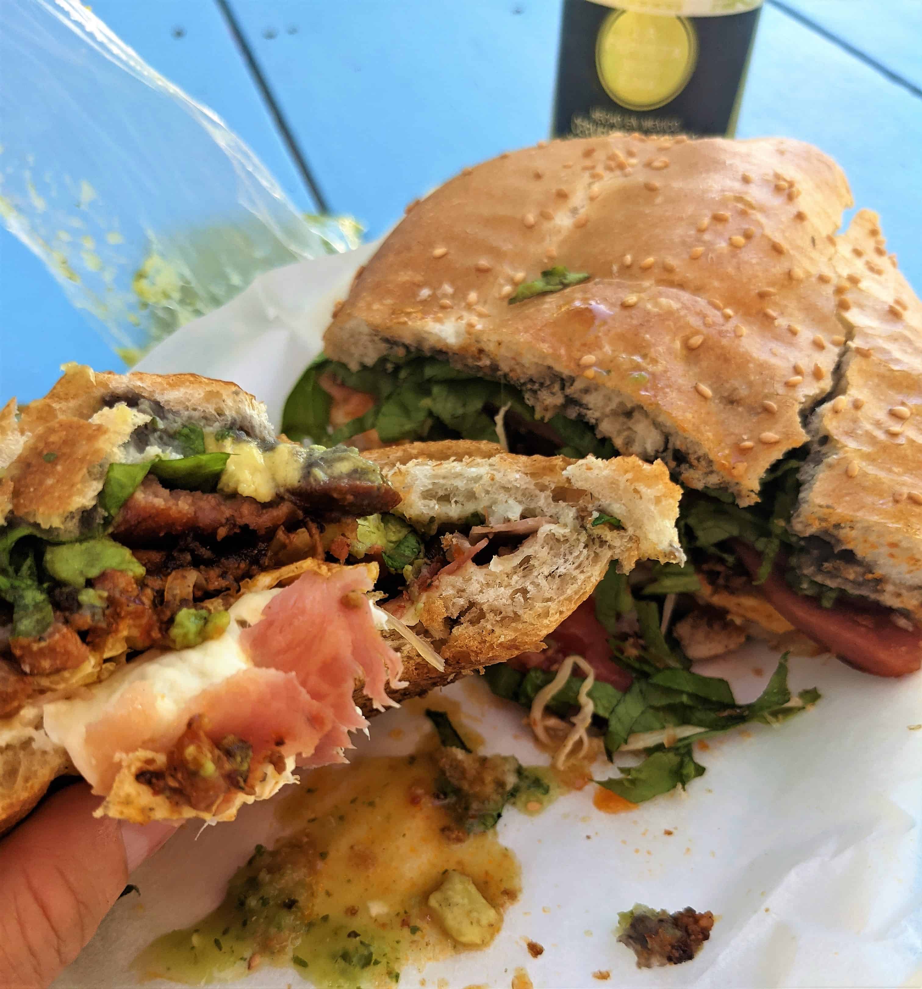 Glamour shot of a torta from Pakotorta after a day of diving. Tortas like this are another common food in Oaxaca
