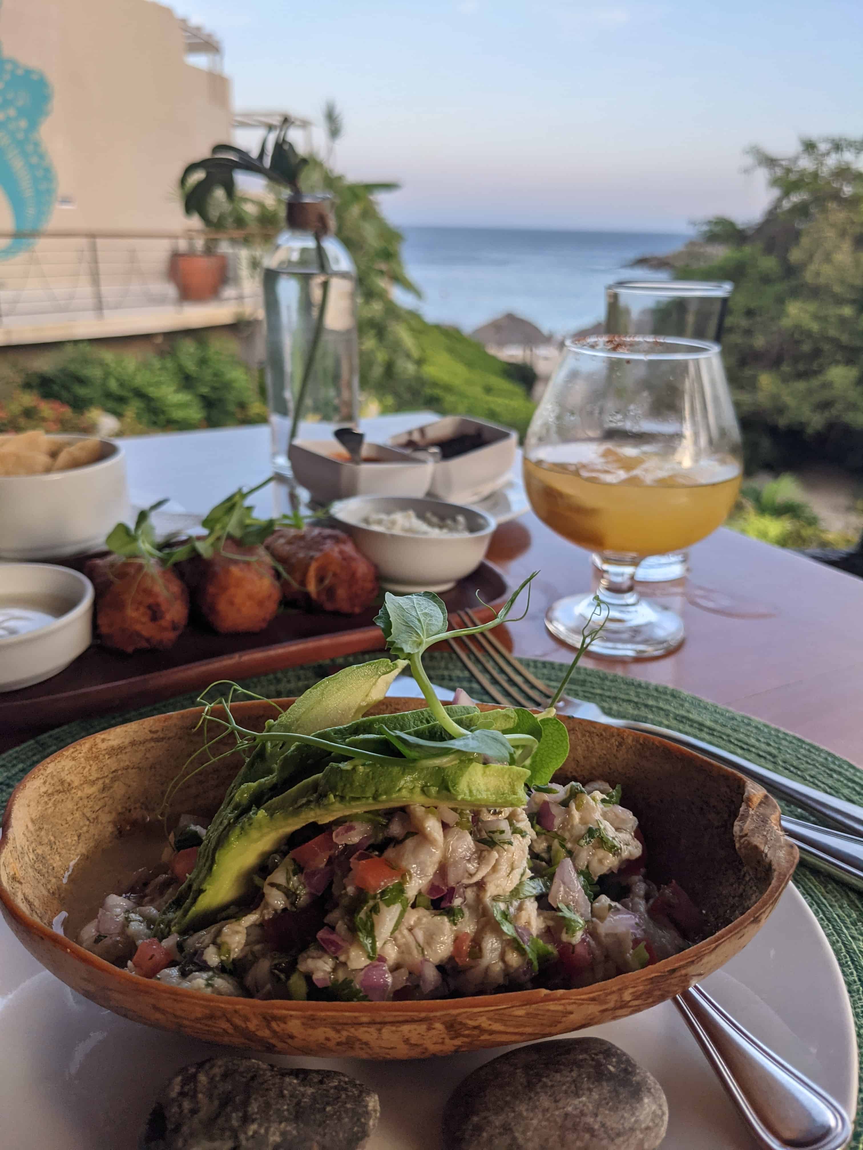 Ceviche and a passionfruit margarita at Ocean Restaurant, a great date night spot in Huatulco