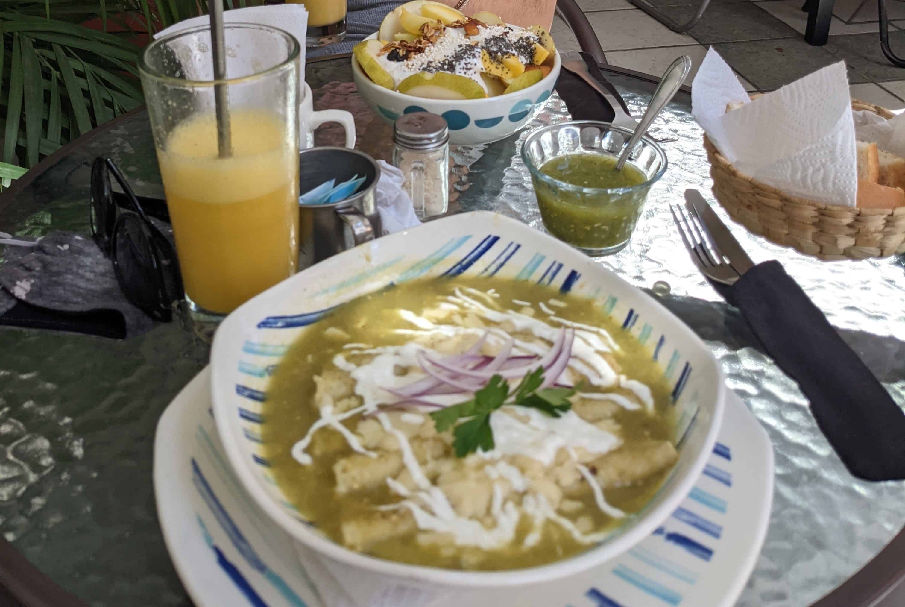 Enchildas en salsa verde and a fruit bowl for breakfast, food is one of the many things that make Huatulco worth visiting