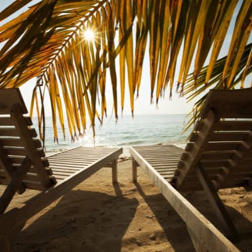 Lounge in beach chairs just like these under the palms at Casa Joseph Zicatela, the perfect adults only stay on the coast of Oaxaca.