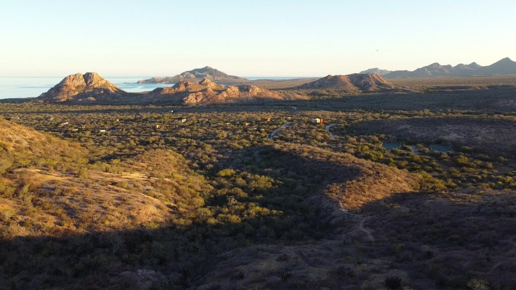 Rocky desert hills and winding trails overlooking the ocean in Cabo Pulmo at golden hour. This scenic hiking view highlights a peaceful and wild landscape,